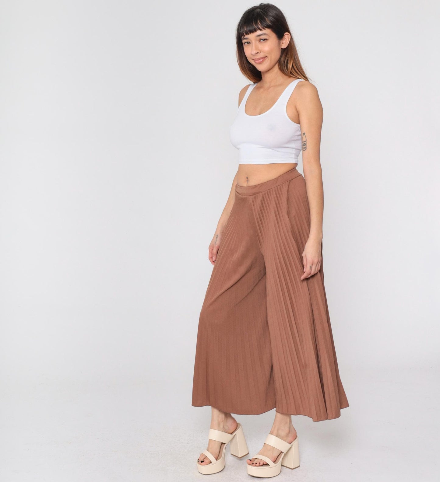 Y2K Brown Pleated Palazzo Pants High Waisted Wide Leg Small Medium