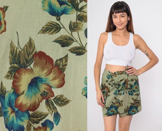 90s Express Tropical Floral Wrap Skirt Green Mini Linen Cotton Small
