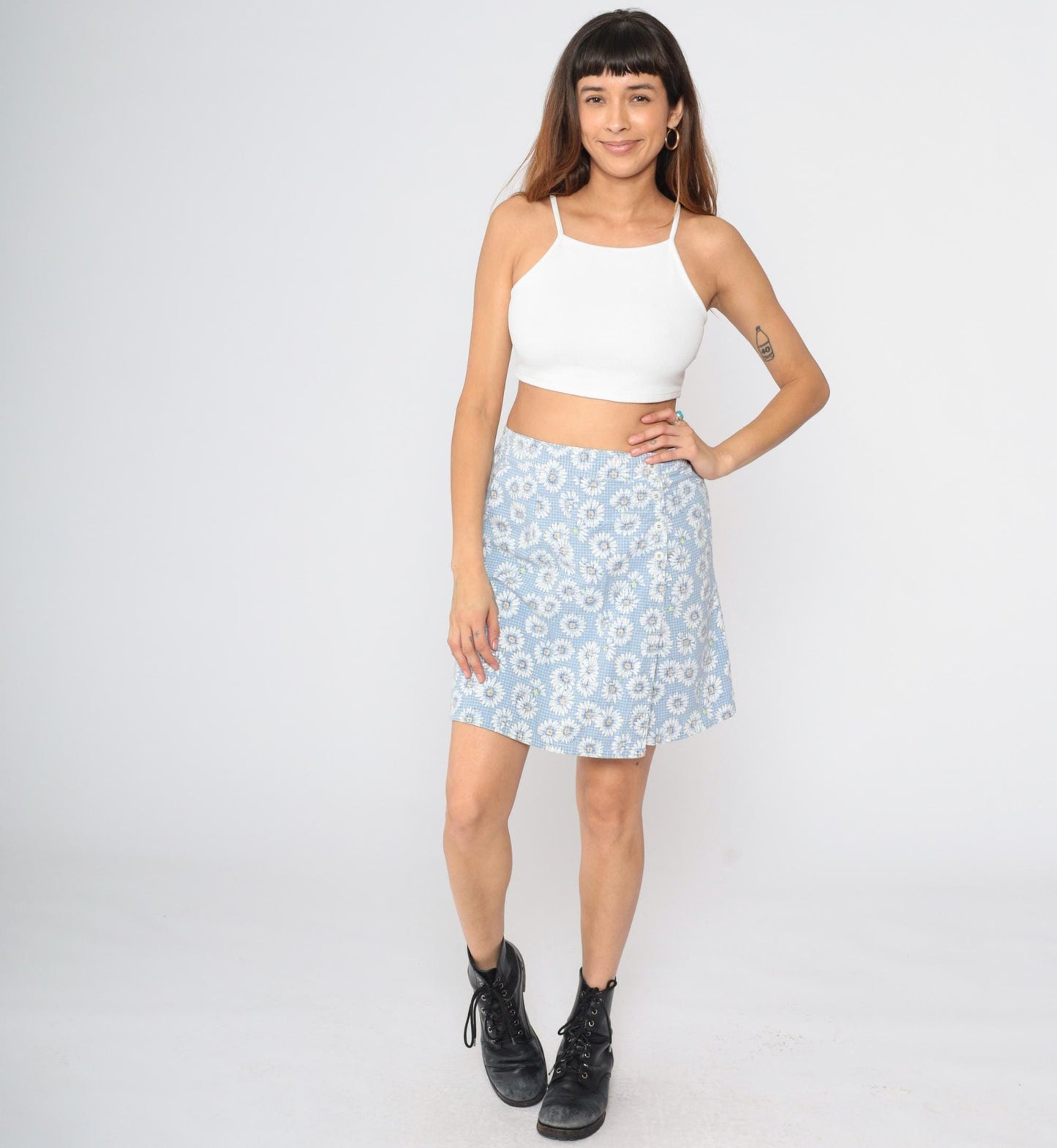 90s Paquette Byer California Floral Gingham Skort Baby Blue High Waist Mini Medium