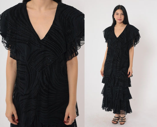 90s Black Glitter Tiger Stripe Dress Flutter Sleeve V-Neck Ankle Length Large L