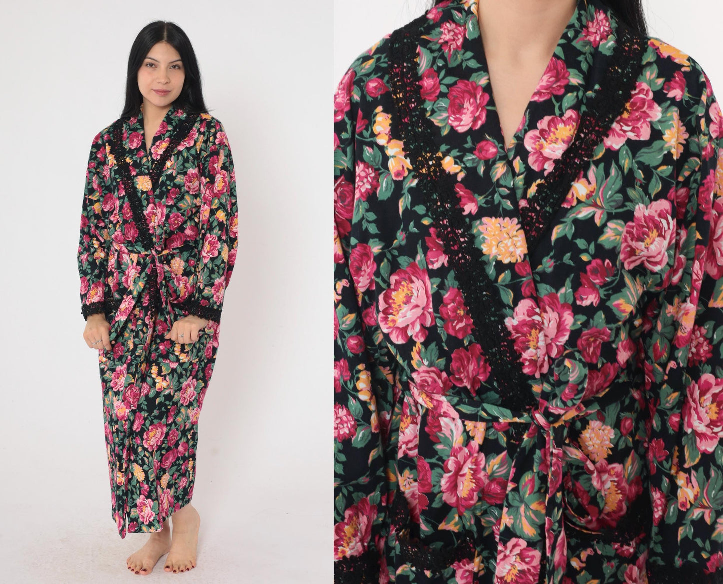 90s Victoria's Secret Floral Robe Pink Black Lace Trim Wrap Ankle Length Small Petite