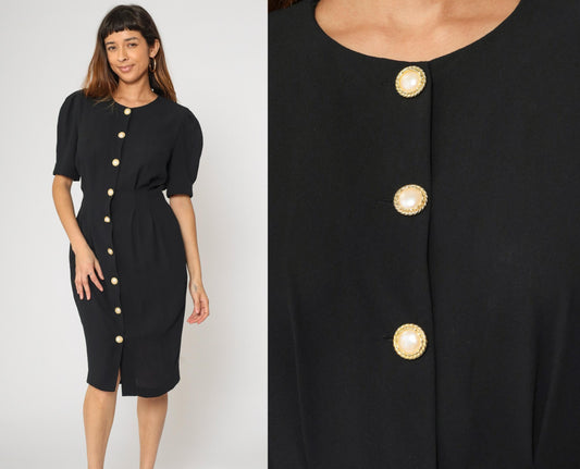 90s Ms Chaus Black Button-Up Midi Dress Puff Sleeve Pencil Medium 8