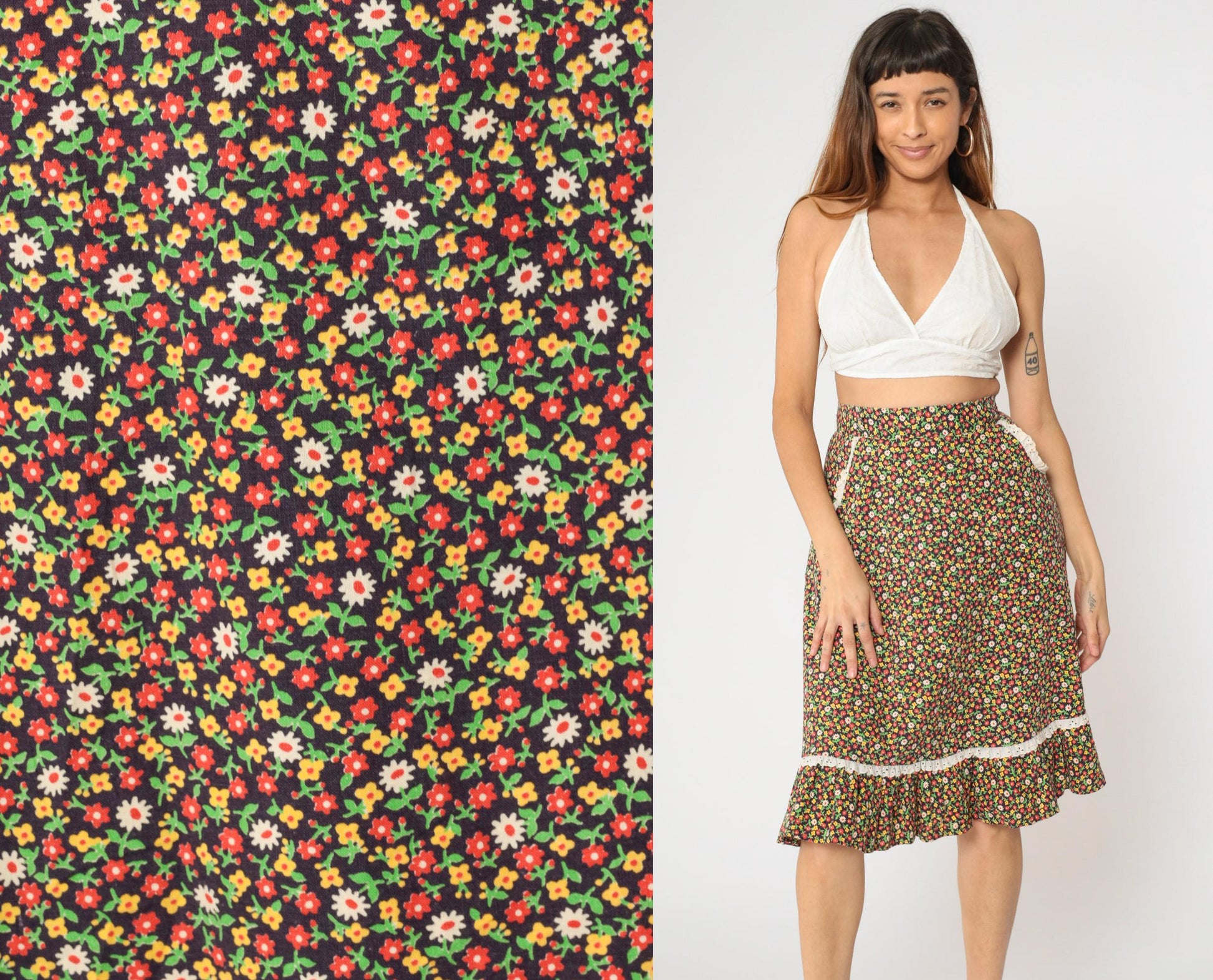 70s Floral Calico Midi Skirt High Waist Eyelet Lace Tiered Ruffle Small