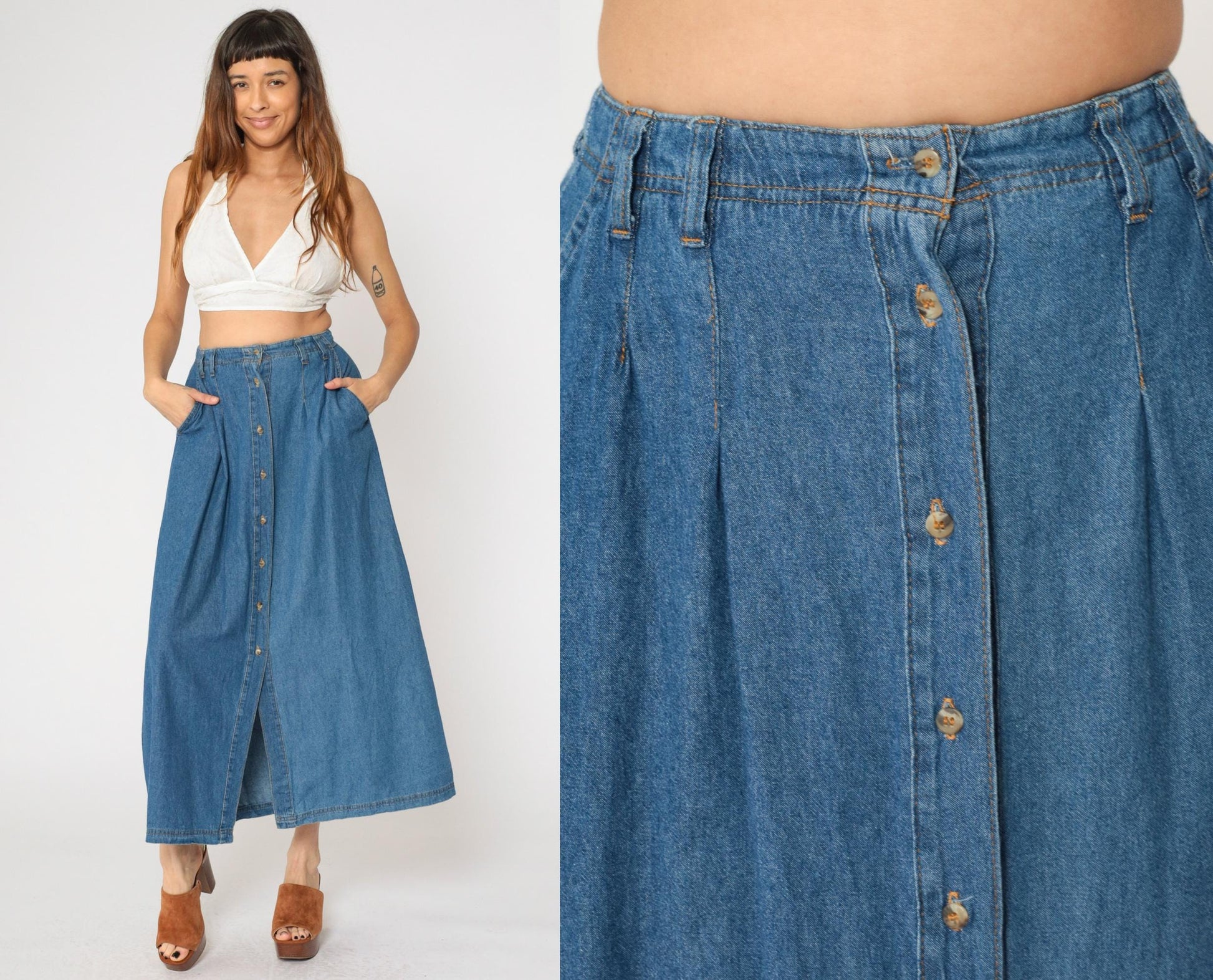90s Marisa Canvas Denim Maxi Skirt Button Front High Waist Blue Small 6