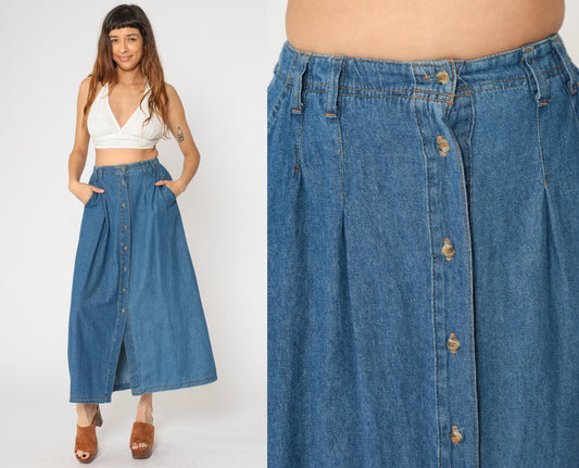 90s Marisa Canvas Denim Maxi Skirt Button Front High Waist Blue Small 6