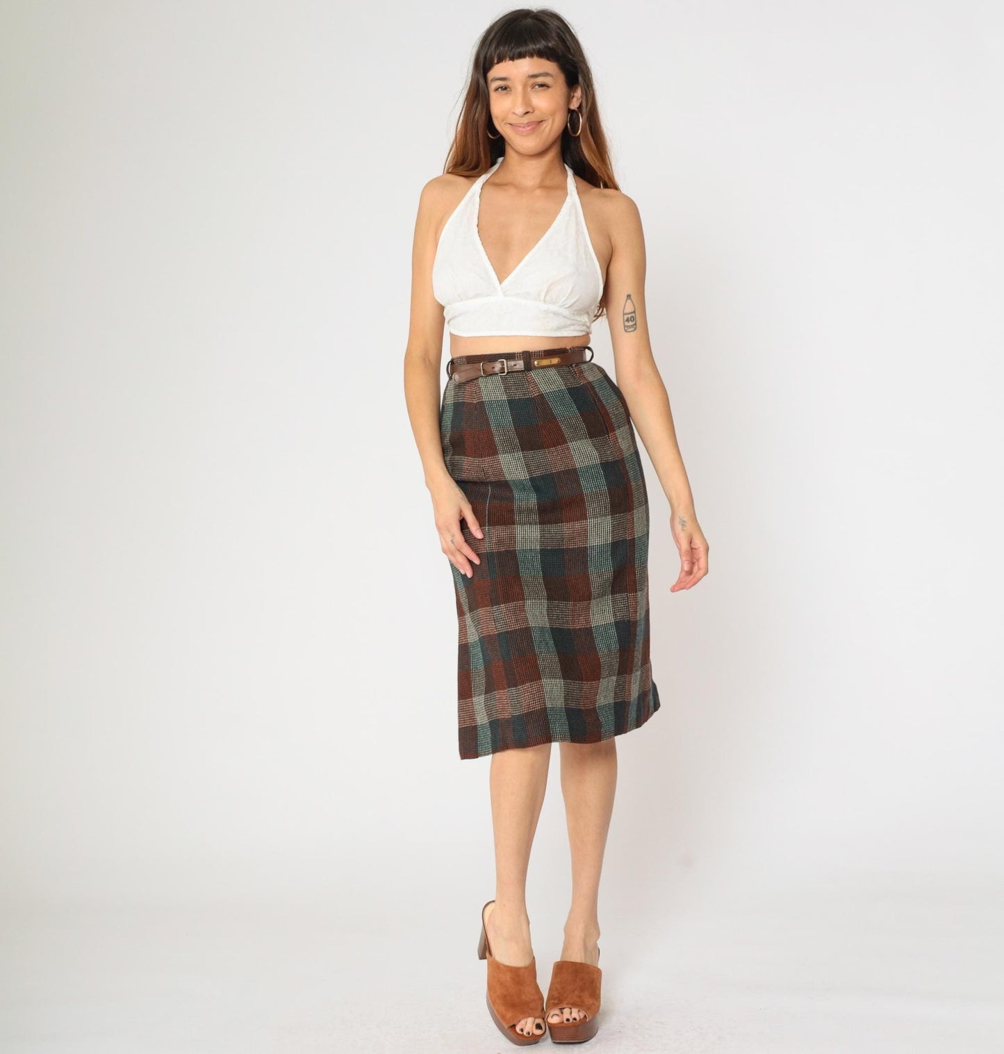 80s Wool Checkered Midi Skirt High Waist Pleated Orange Teal Brown Small