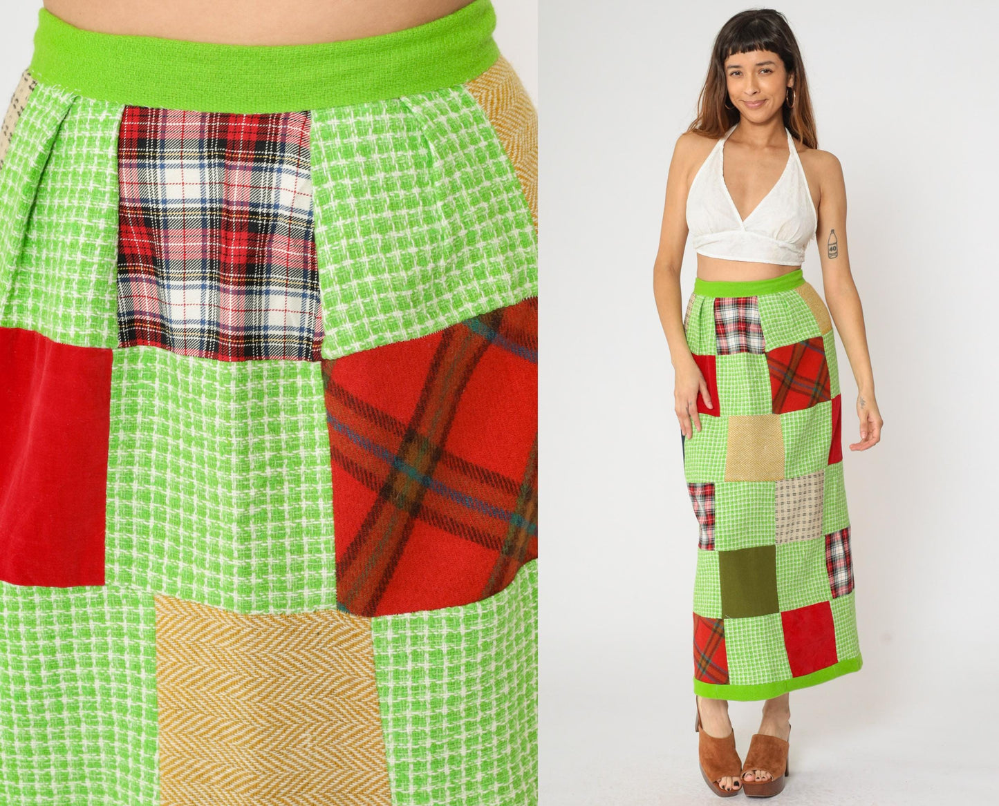 1970s Patchwork Plaid Maxi Skirt Lime Green Checkered Small