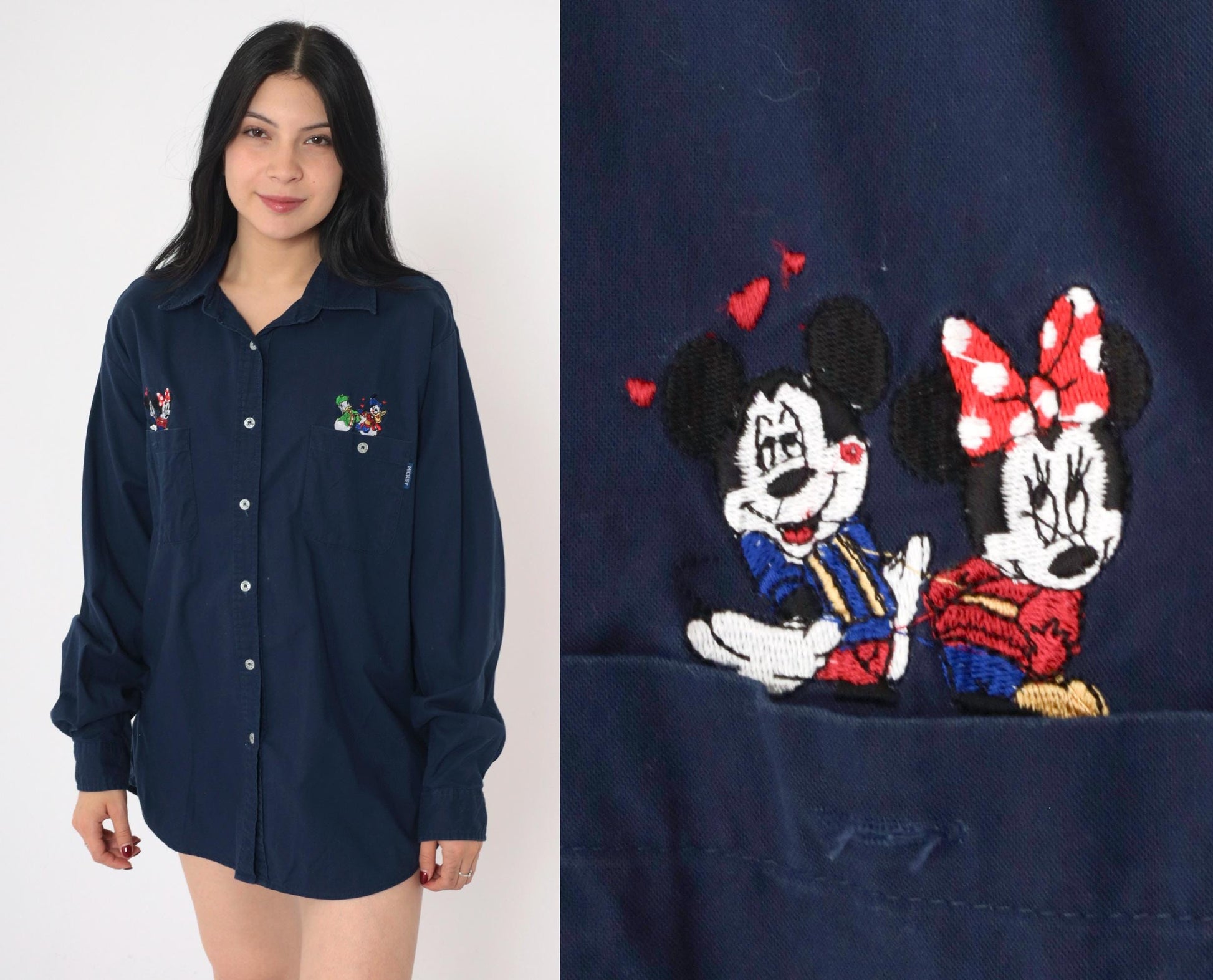 90s Mickey Unlimited Disney Embroidered Button Up Shirt Navy Large