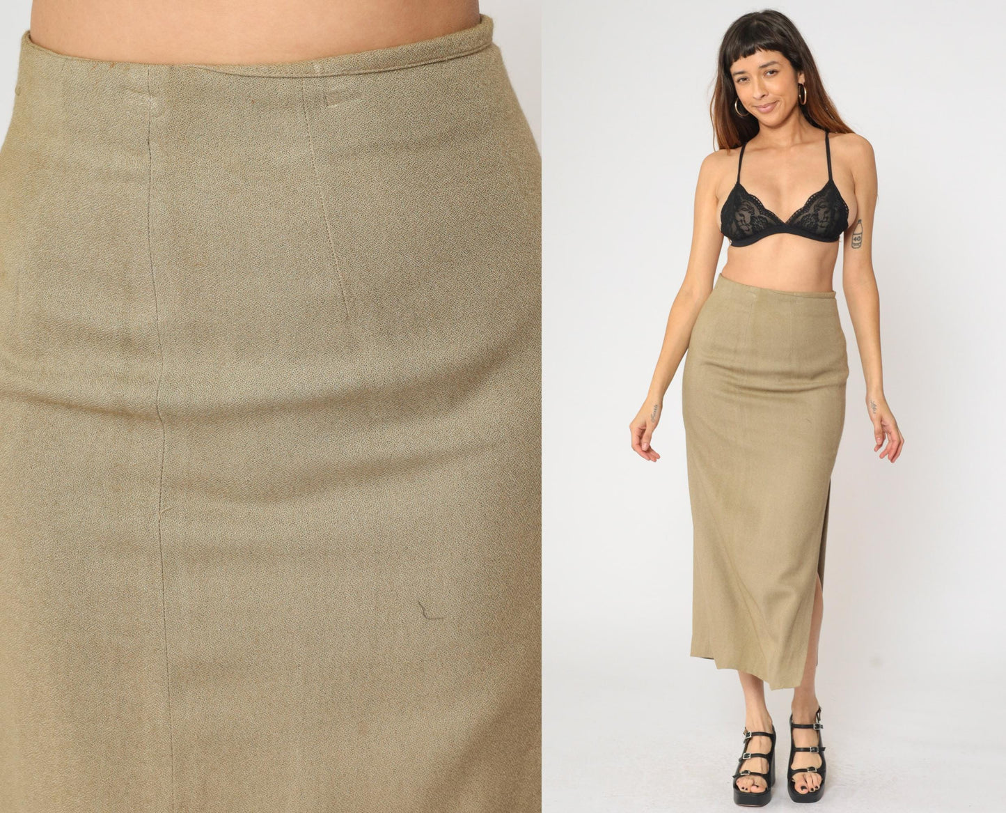 90s Express Khaki Maxi Skirt High Waisted Side Slit Straight Small S