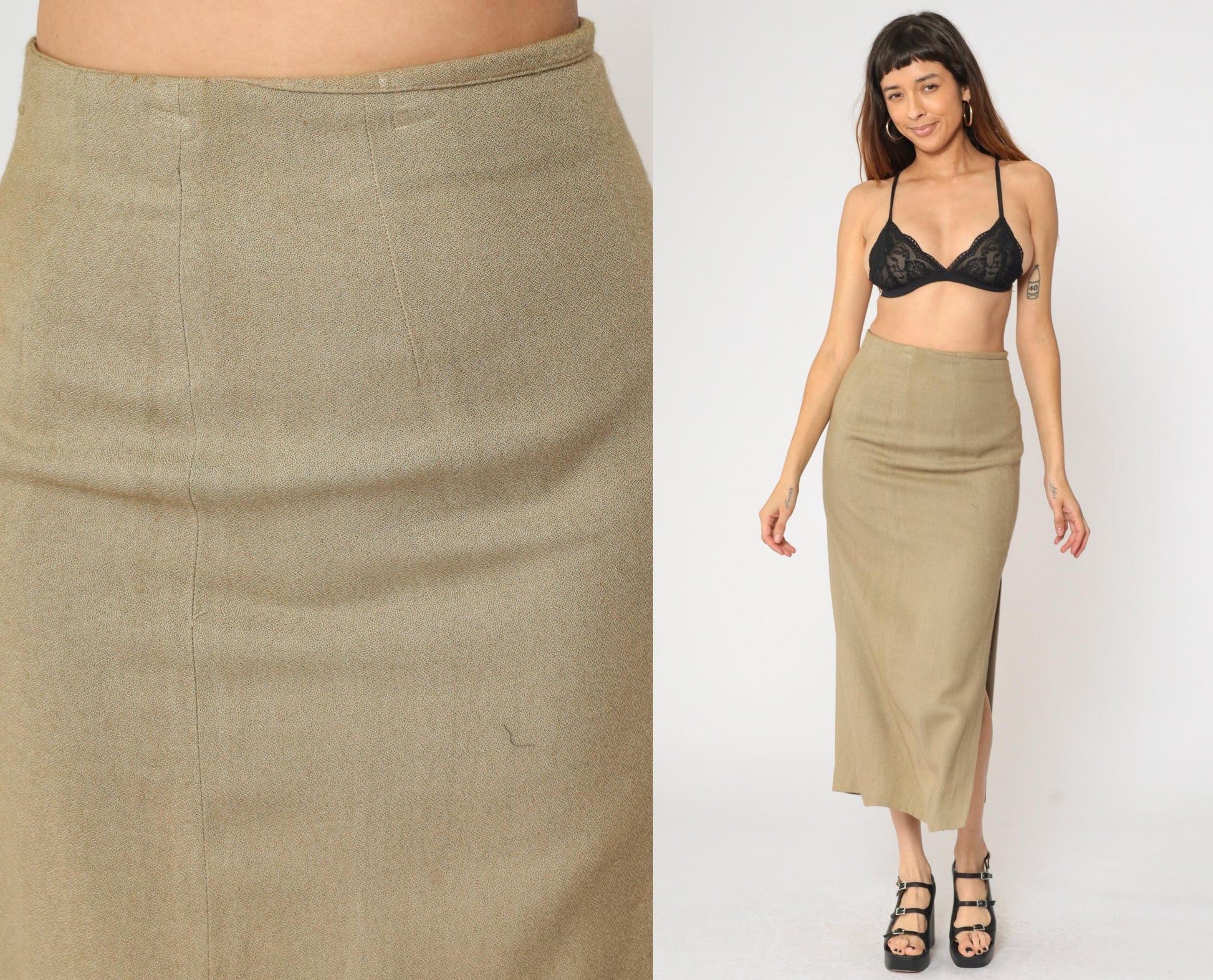 90s Express Khaki Maxi Skirt High Waisted Side Slit Straight Small S