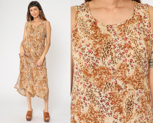 90s Kathie Lee Leopard Floral Midi Dress High Waist Sleeveless Beige Burnt Orange Medium