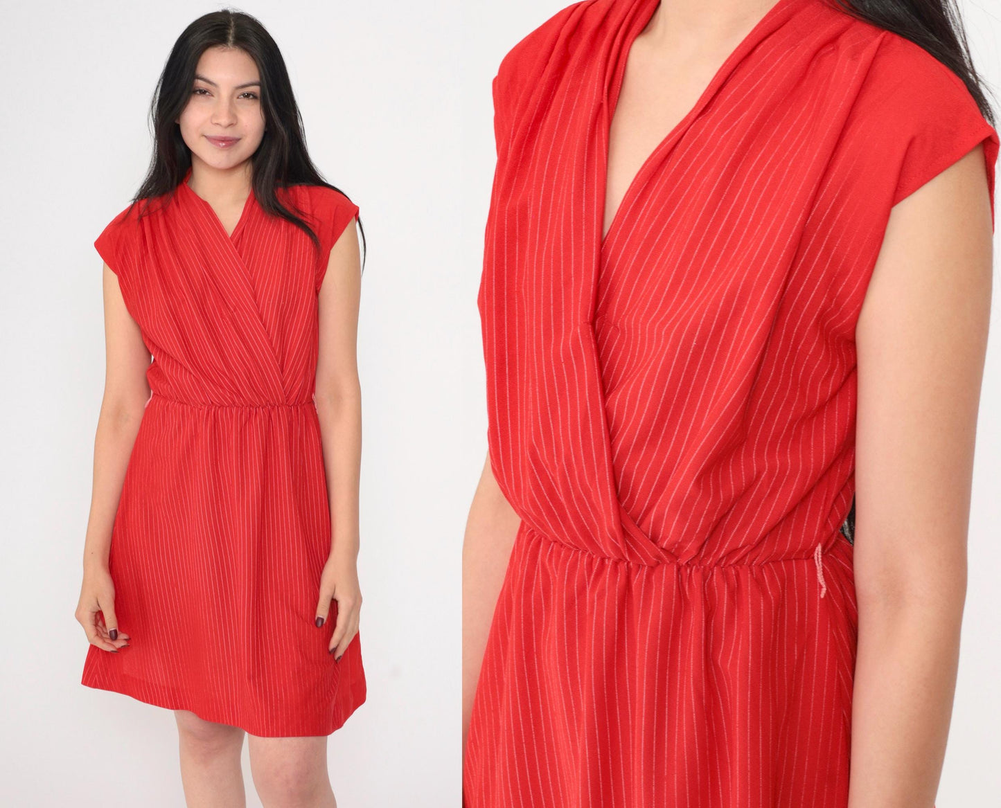 70s Red Striped Wrap Dress V Neck Mini Elastic Waist Cap Sleeve Small