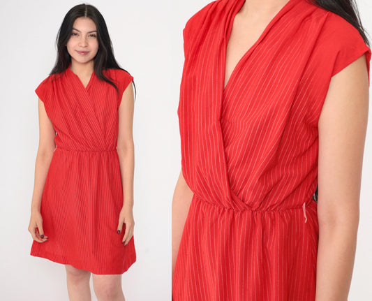 70s Red Striped Wrap Dress V Neck Mini Elastic Waist Cap Sleeve Small