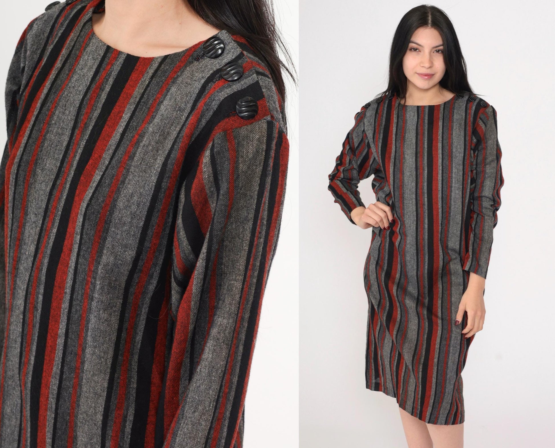 80s Grey Red Striped Midi Shift Dress Button Shoulders Long Sleeve Medium
