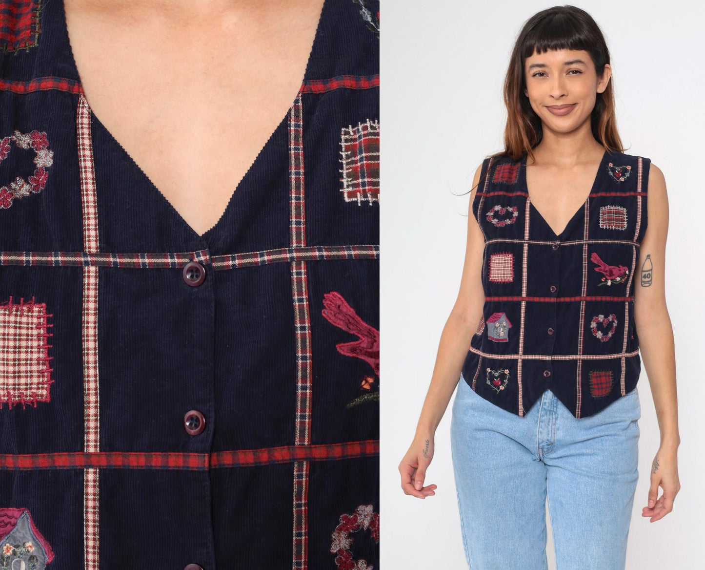 90s Navy Corduroy Patchwork Vest Button-Up Sleeveless Medium