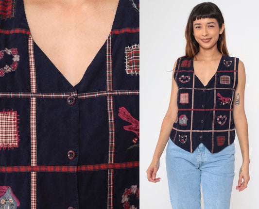 90s Navy Corduroy Patchwork Vest Button-Up Sleeveless Medium