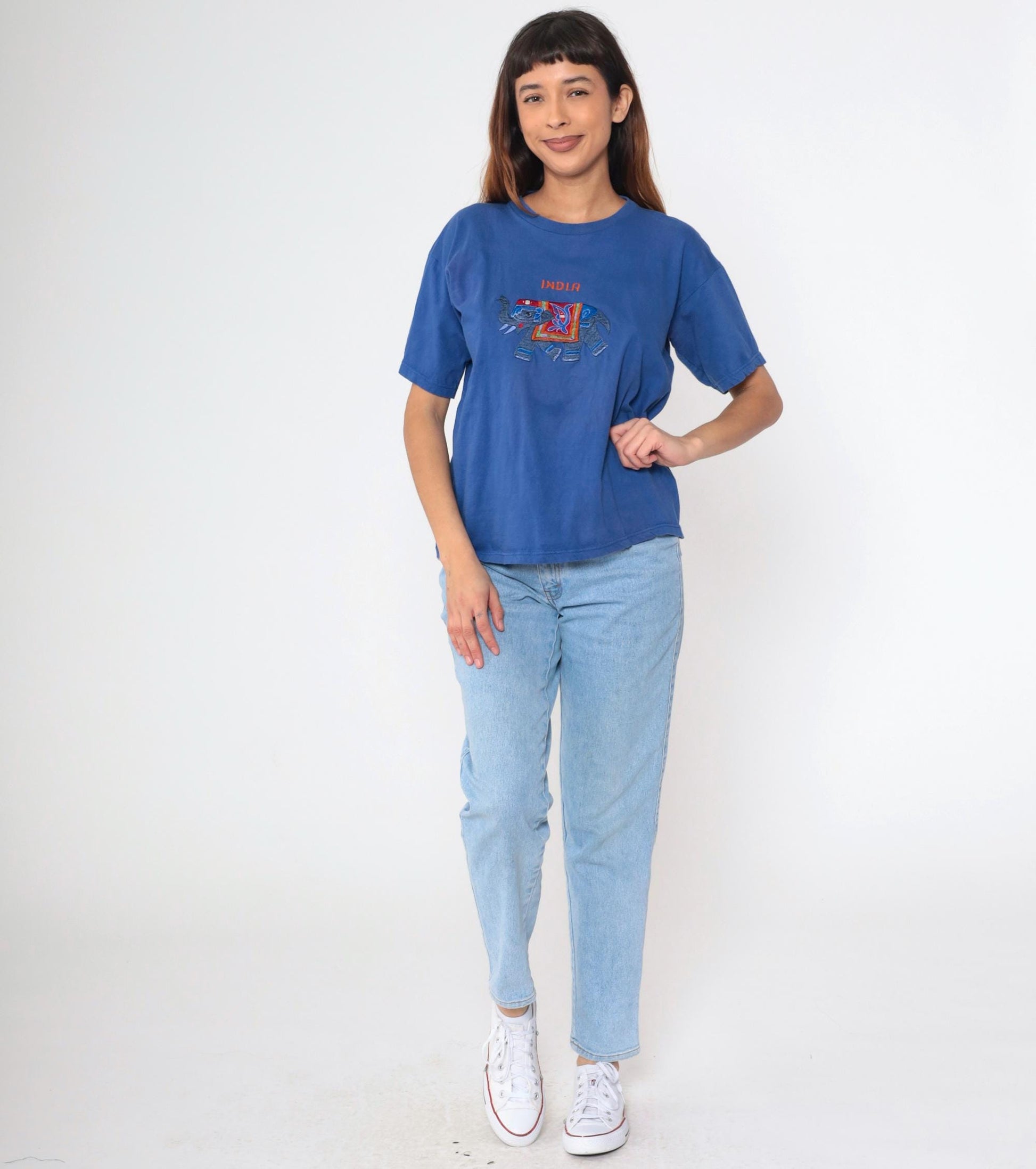 Y2K India Elephant Embroidered T-Shirt Blue Mirrored Graphic Tee Medium Large