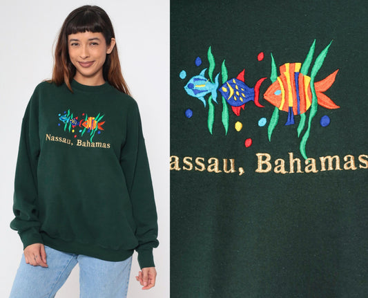 90s Nassau Bahamas Sweatshirt Dark Green Embroidered Fish Crewneck Extra Large XL