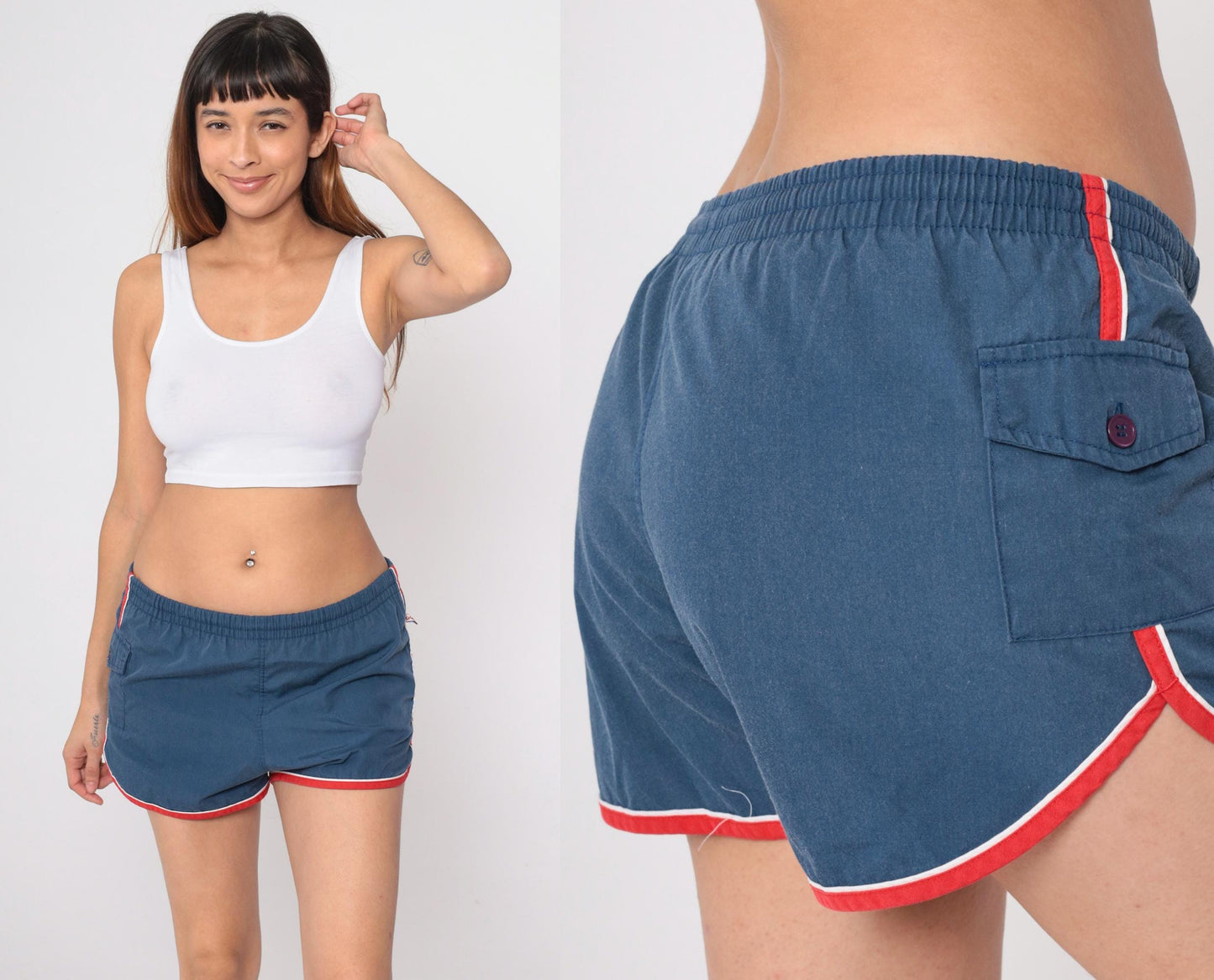 80s Catalina Swim Trunks Dark Blue Red Trim Drawstring Medium