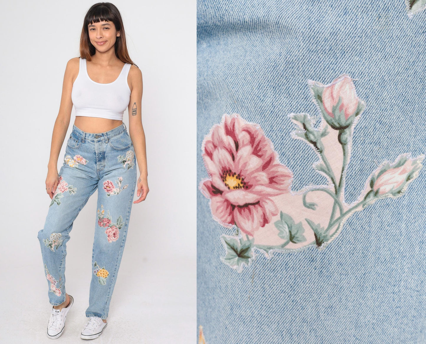 90s Floral Appliqué Light Wash Jeans High Waist Tapered Denim Small Long