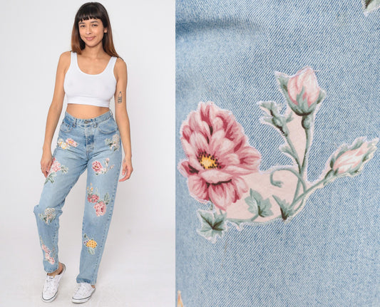 90s Floral Appliqué Light Wash Jeans High Waist Tapered Denim Small Long