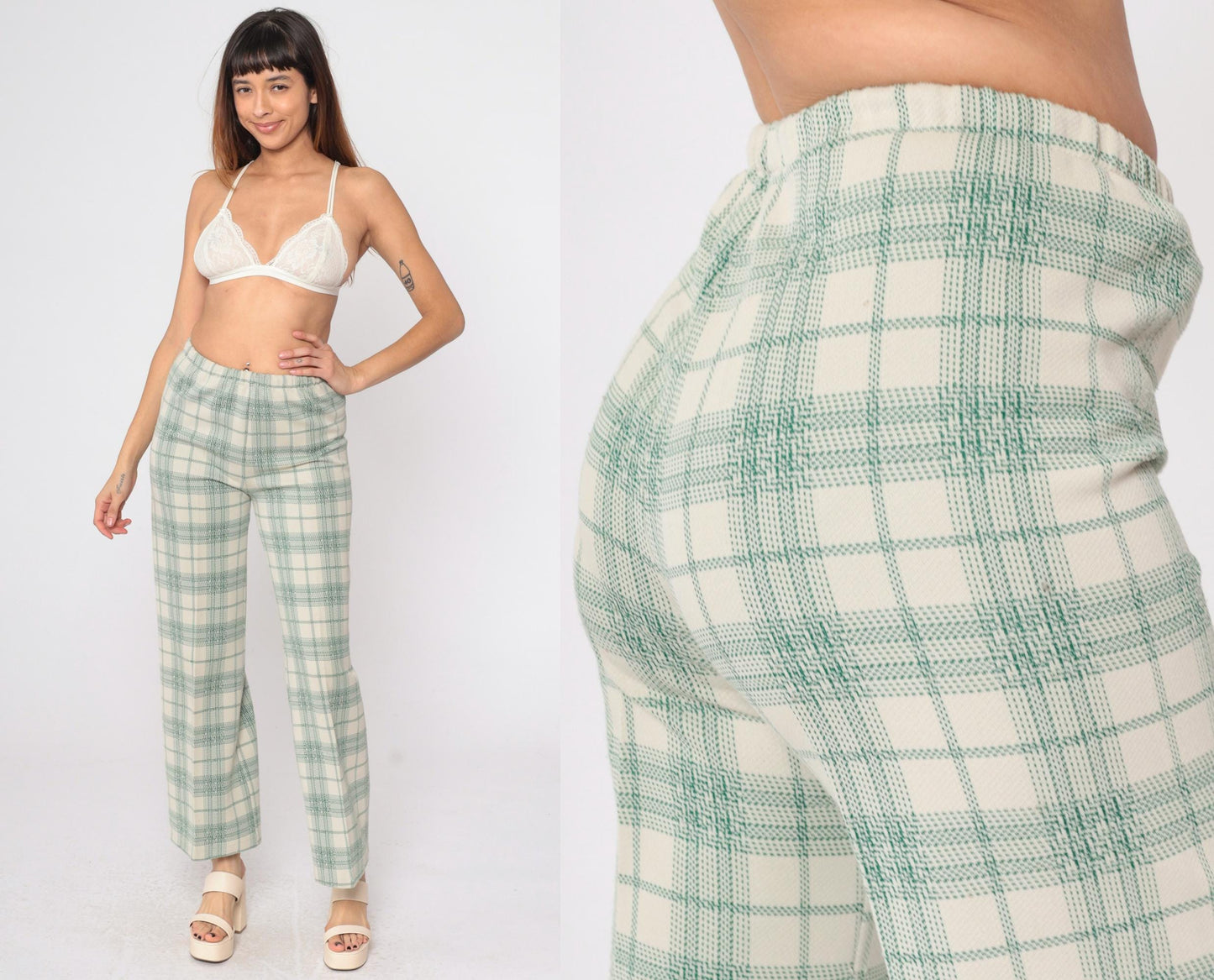 70s Plaid High-Waisted Trousers Cream Green Checkered Straight Leg Small