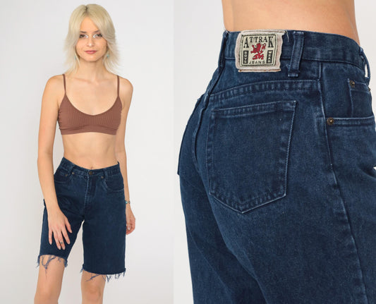 90s Dark Blue Denim Cut-Off Shorts High Waisted Bermuda Frayed Hem Extra Small