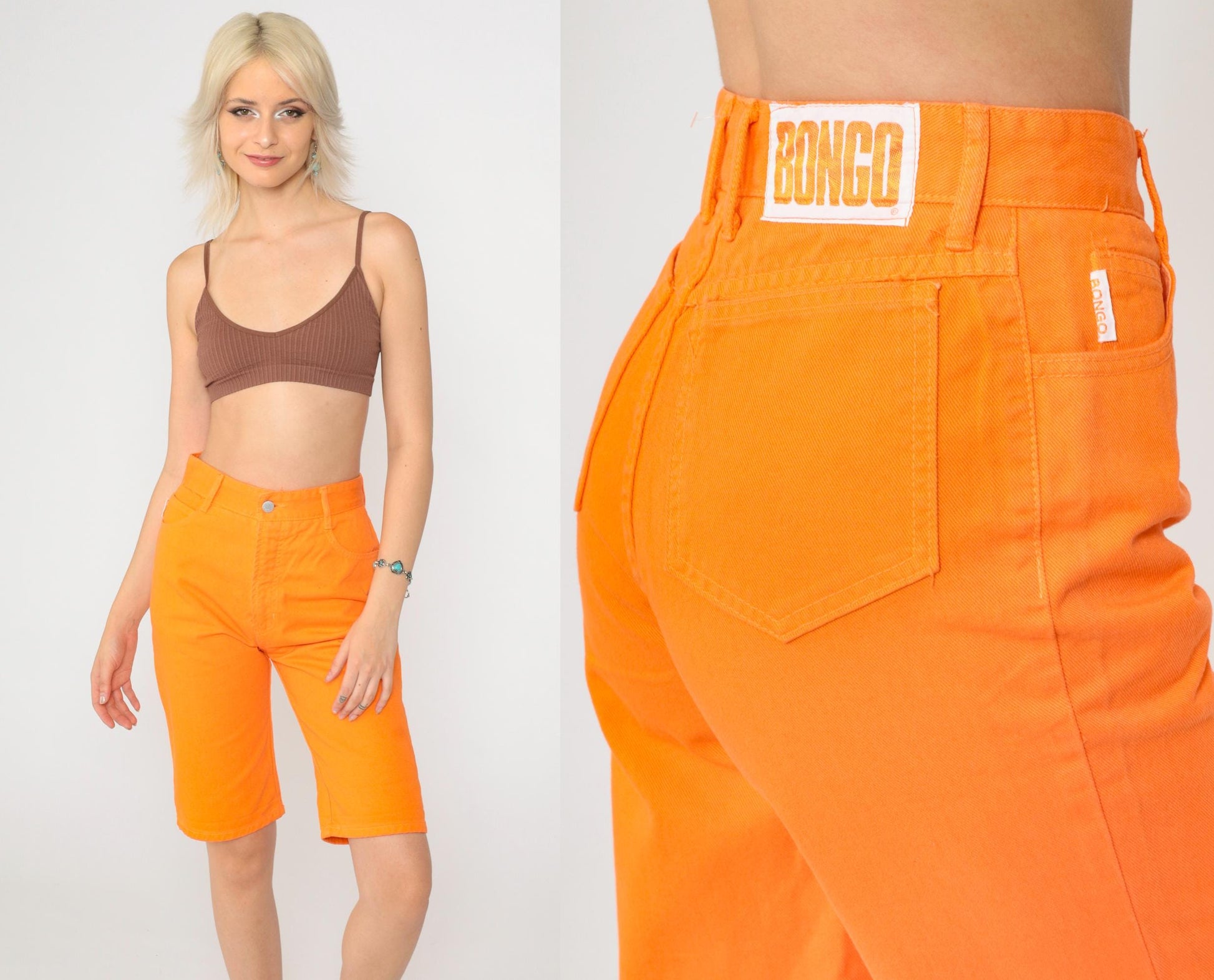 90s Bongo Denim Bermuda Shorts Bright Orange High Waist Extra Small