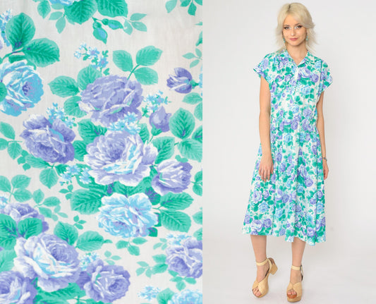 80s Floral Midi Dress Purple Rose Print High Waist Button Up Cap Sleeve Medium