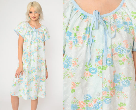 70s Floral Midi Lounge Dress Button-Up Short Sleeve Blue Peach Print Medium M
