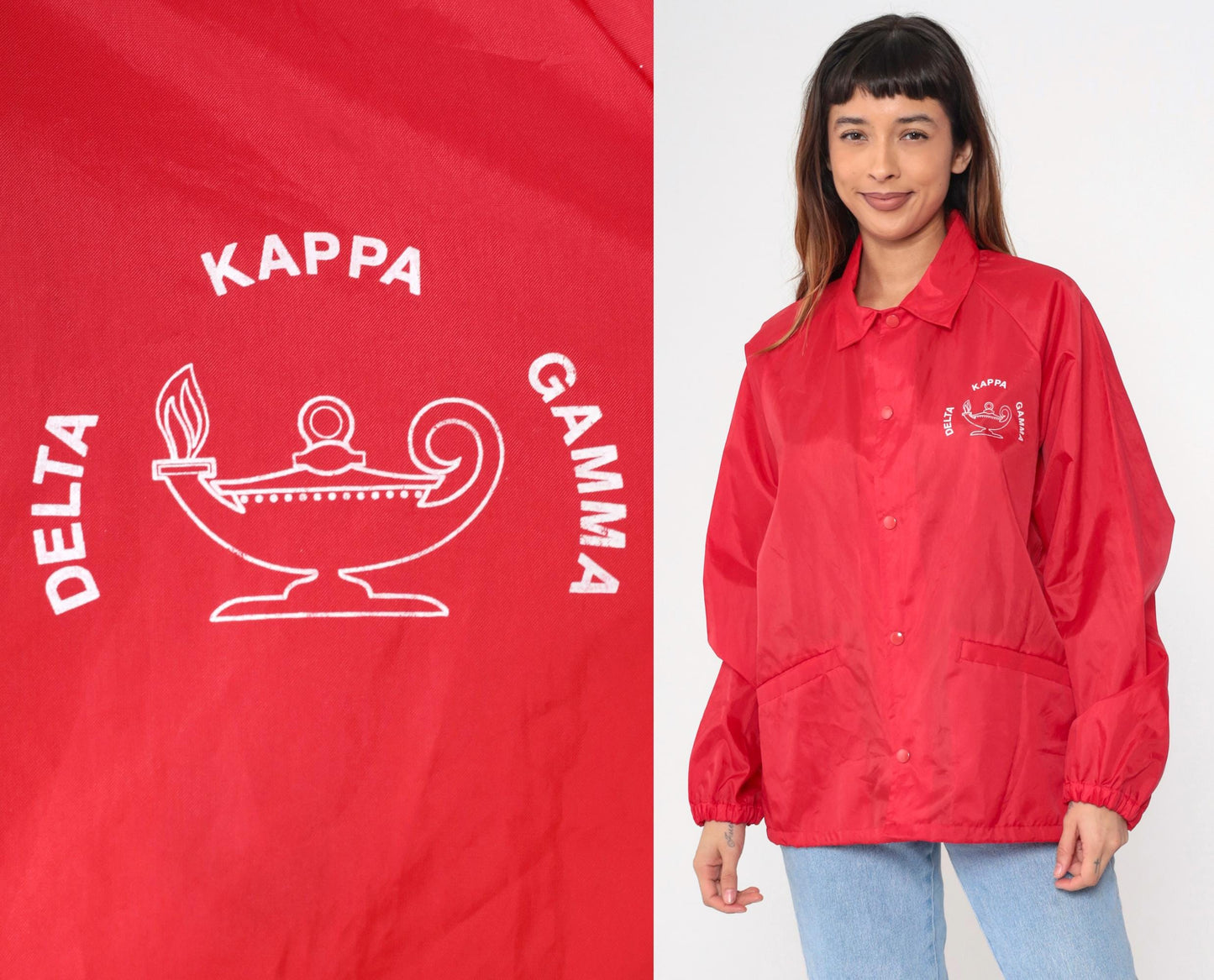 80s Delta Kappa Gamma Red Windbreaker Jacket Snap-Up Raglan Large