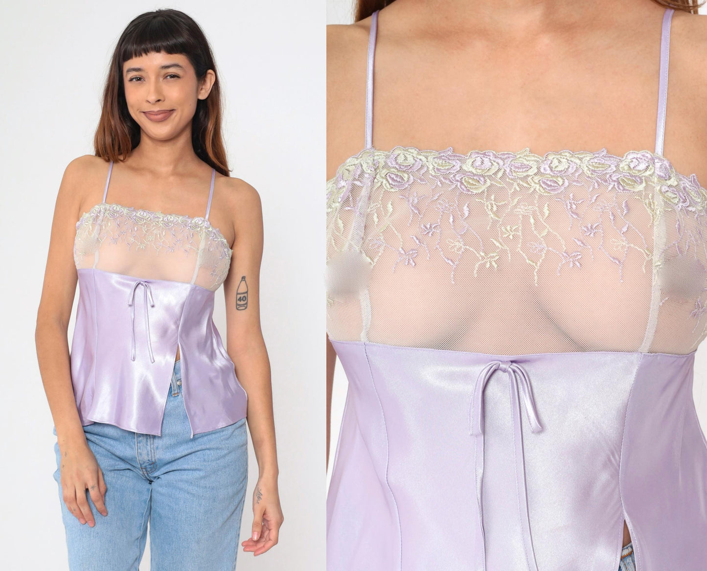 90s Lavender Satin Camisole Floral Embroidered Mesh Spaghetti Strap Medium