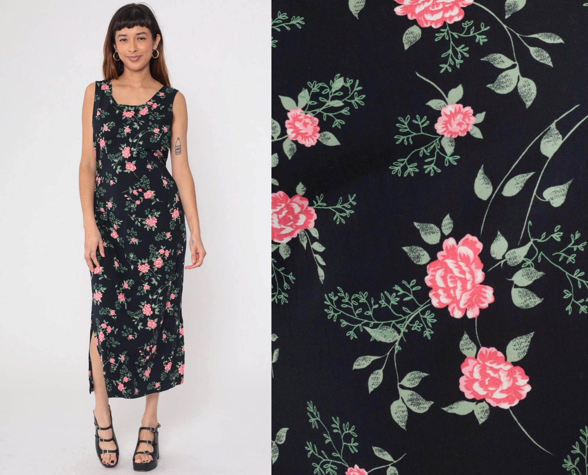 90s Kathie Lee Black Floral Midi Dress Pink Flower Print Sleeveless Medium