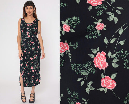90s Kathie Lee Black Floral Midi Dress Pink Flower Print Sleeveless Medium