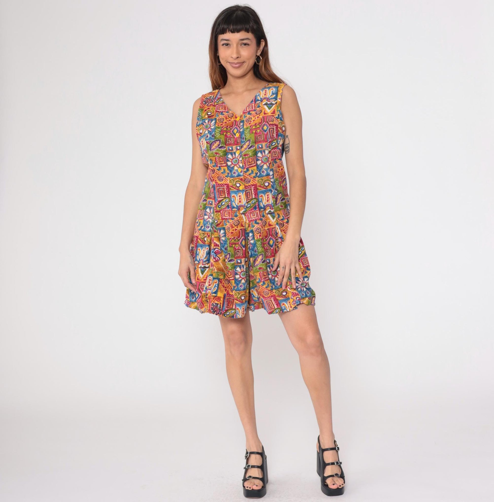 90s Geometric Floral Romper Playsuit Button-Up Sleeveless Wide Leg Extra Large XXL
