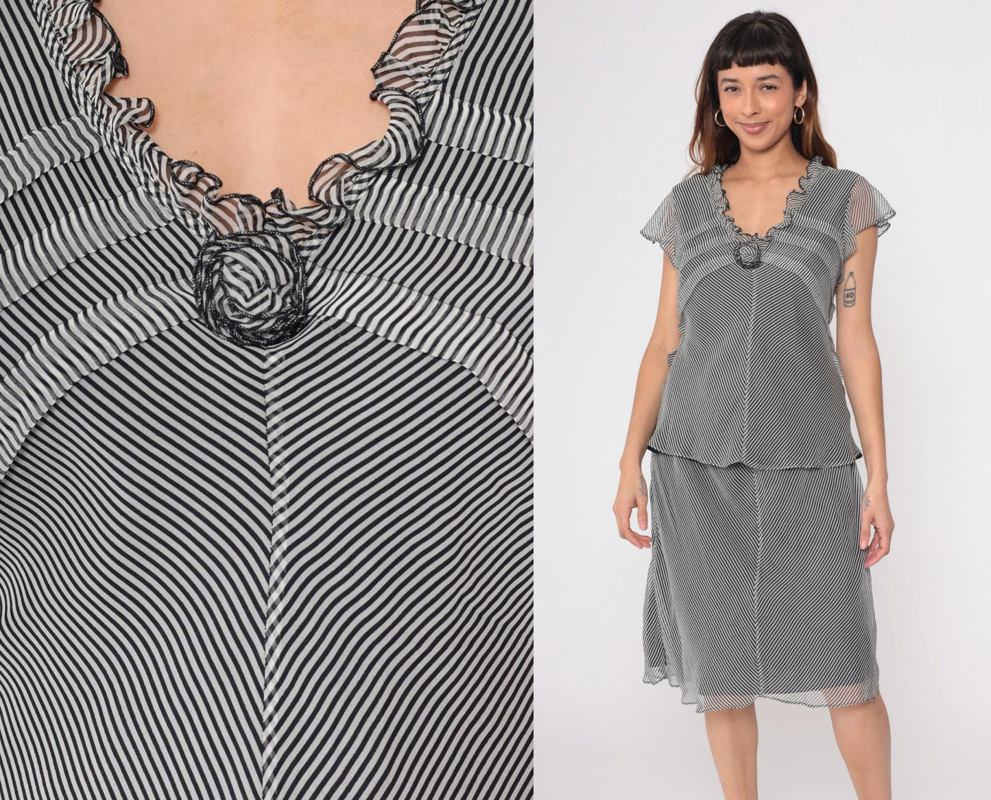 90s Robbie Bee Black White Chevron Striped Silk Two Piece Midi Dress Medium
