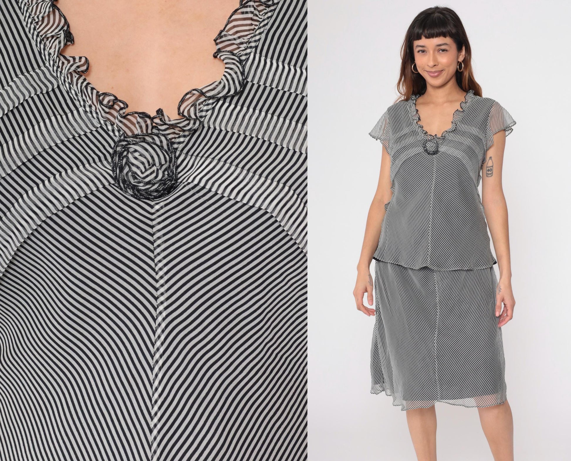 90s Robbie Bee Black White Chevron Striped Silk Two Piece Midi Dress Medium