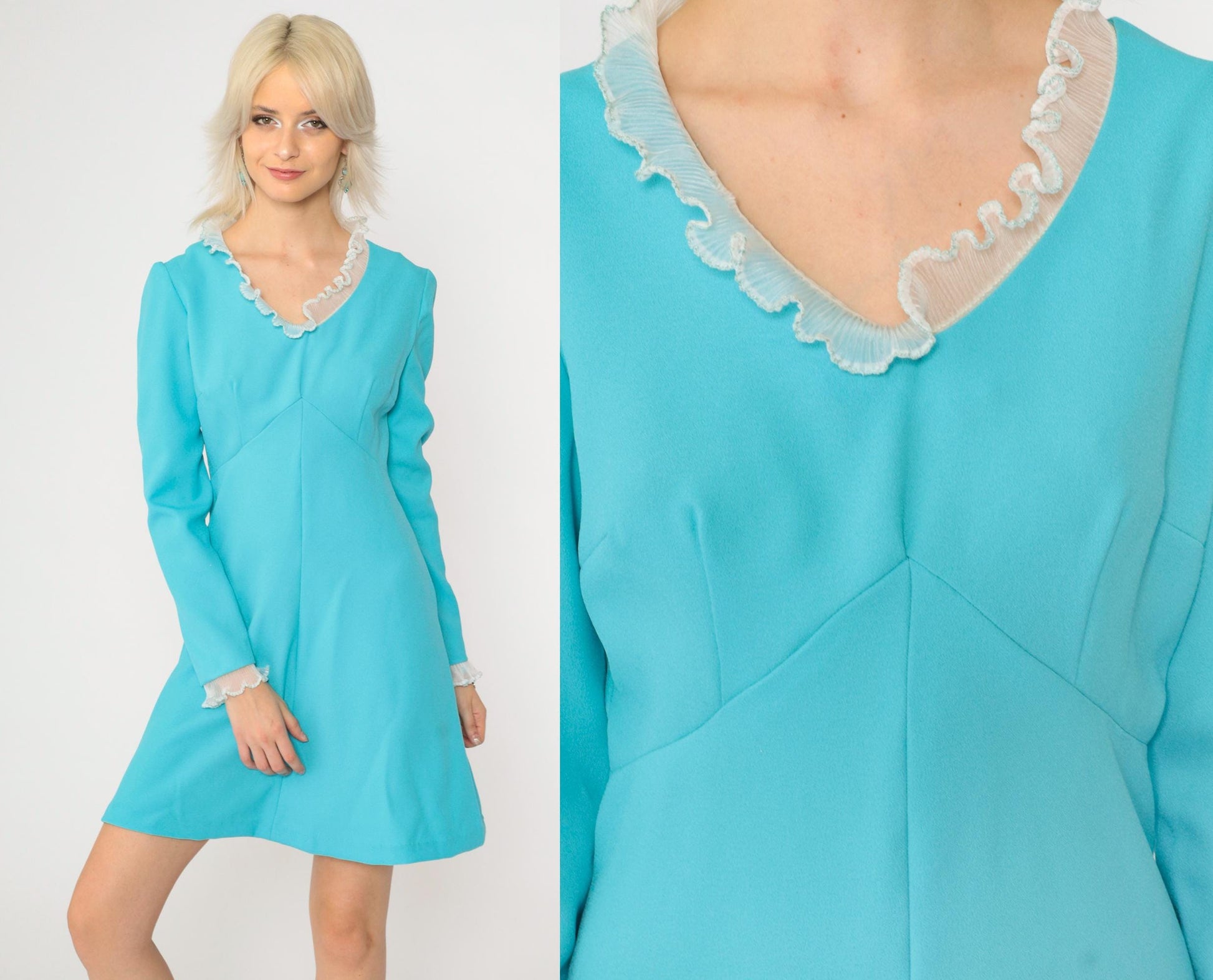70s Babydoll Mini Dress Blue Empire Waist Ruffled V-Neck Long Sleeve Small