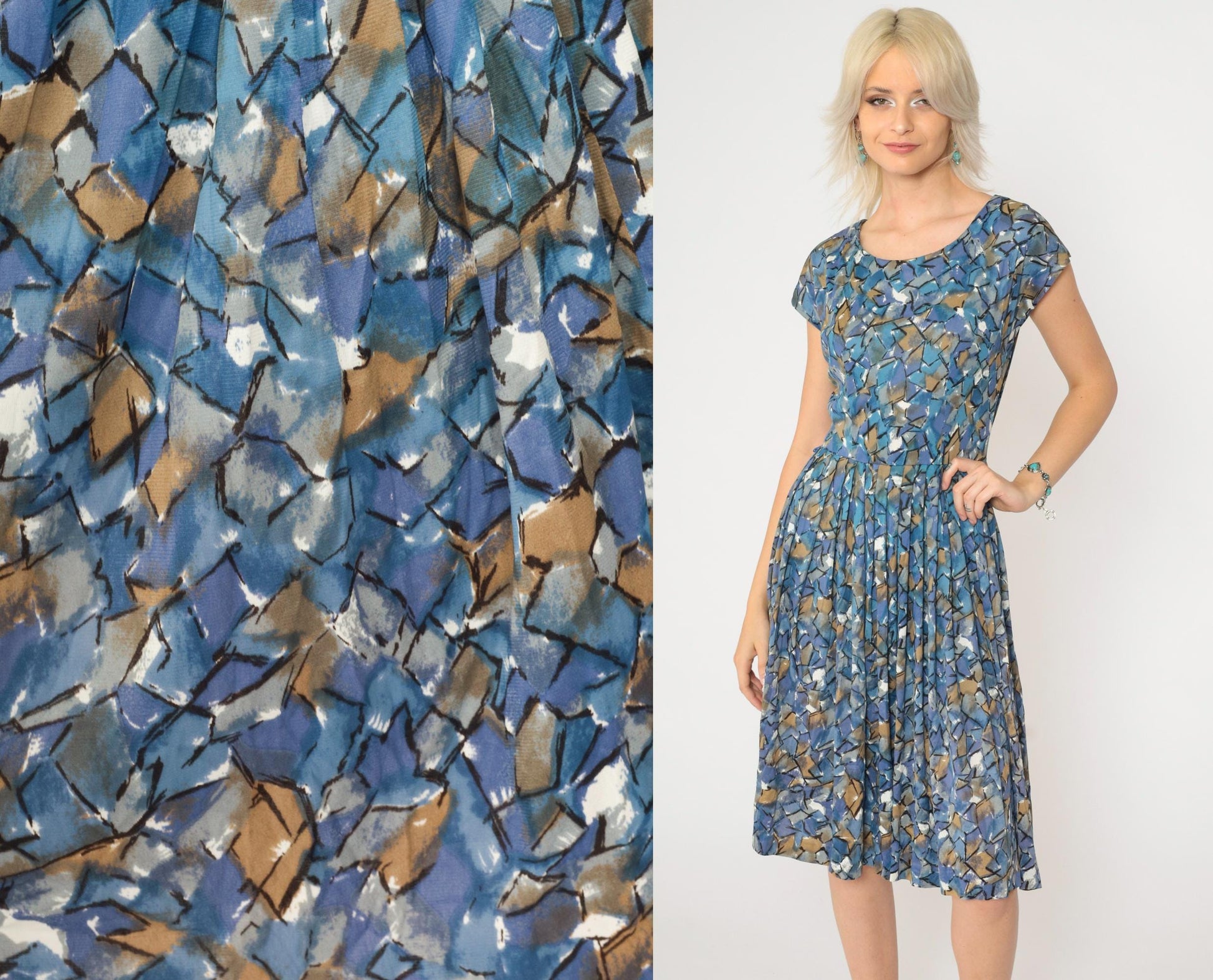 60s Sears Abstract Mosaic Midi Dress High Waisted Pleated Blue Geometric Small