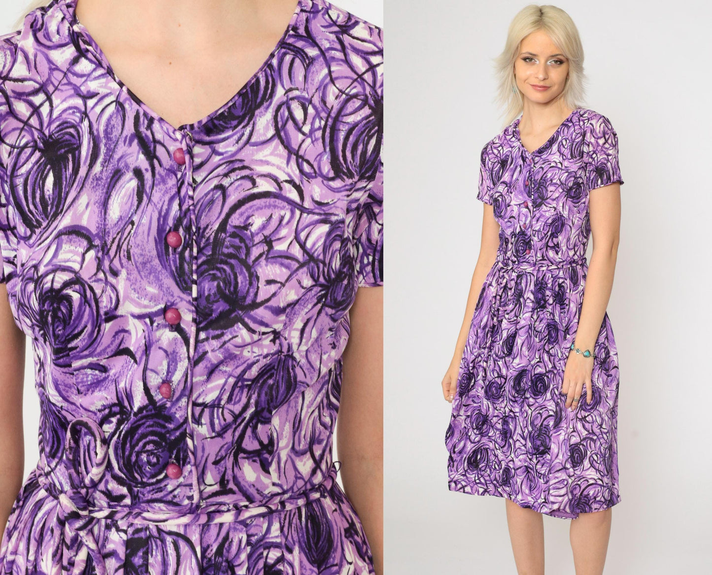 60s Purple Abstract Swirl Midi Shirtdress High Waist Button Up Extra Small