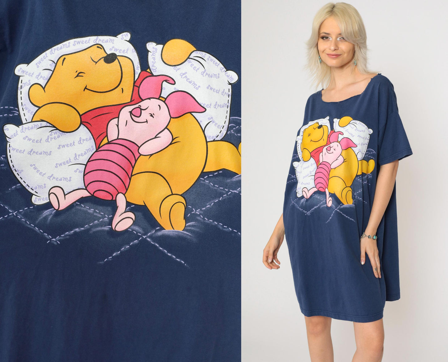 90s Winnie The Pooh Piglet Pajama Dress Disney Mini Navy Blue XXL Plus Size