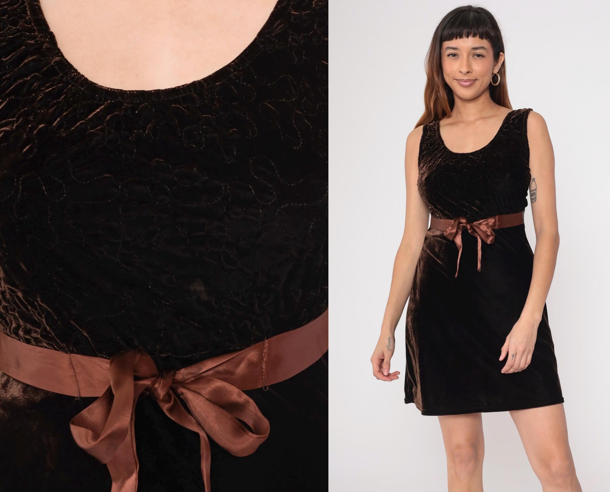 90s Brown Velvet Mini Dress Embroidered Ribbon Bow Sleeveless Medium