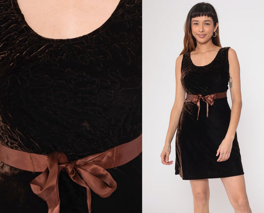 90s Brown Velvet Mini Dress Embroidered Ribbon Bow Sleeveless Medium