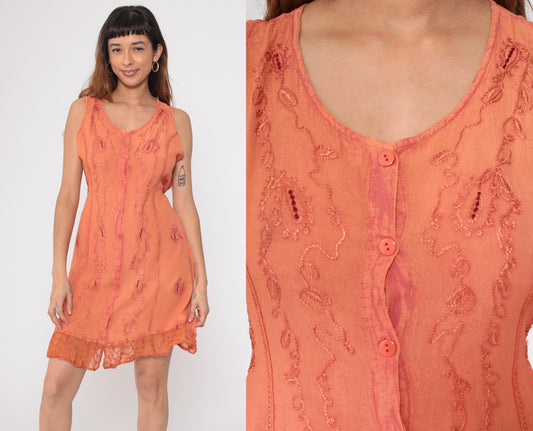 90s Kaaku Orange Paisley Embroidered Mini Dress Button Front Small Medium