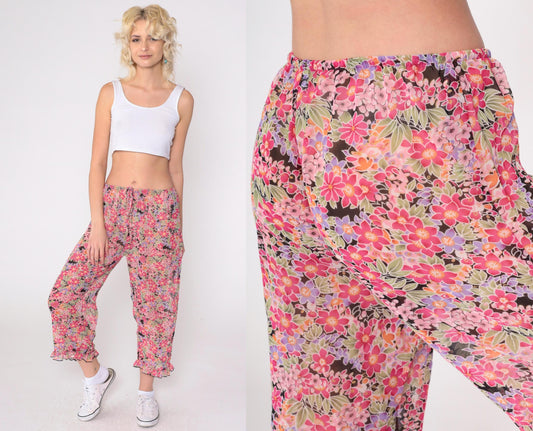 90s Sheer Floral Pink Cropped Trousers Ruffled Hem Drawstring Small