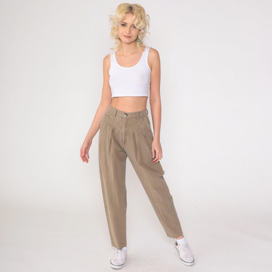 90s Cherokee Brown Cotton High-Waisted Pleated Trousers Small