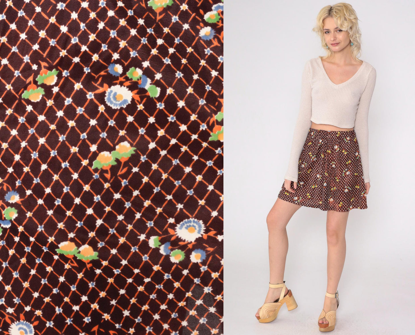 70s Brown Floral Checkered Mini Skirt High Waist A-Line Small