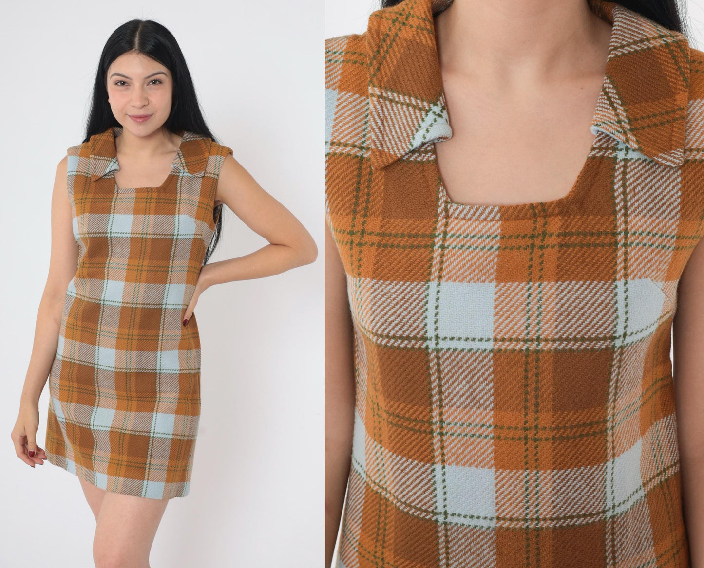 60s Plaid Shift Dress Mini Sleeveless Square Neckline Brown Orange Blue Small S