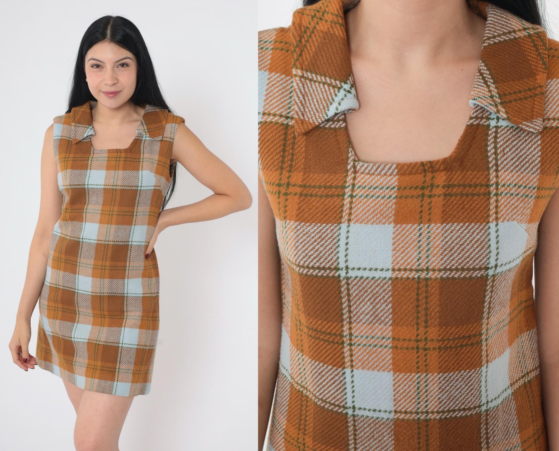 60s Plaid Shift Dress Mini Sleeveless Square Neckline Brown Orange Blue Small S