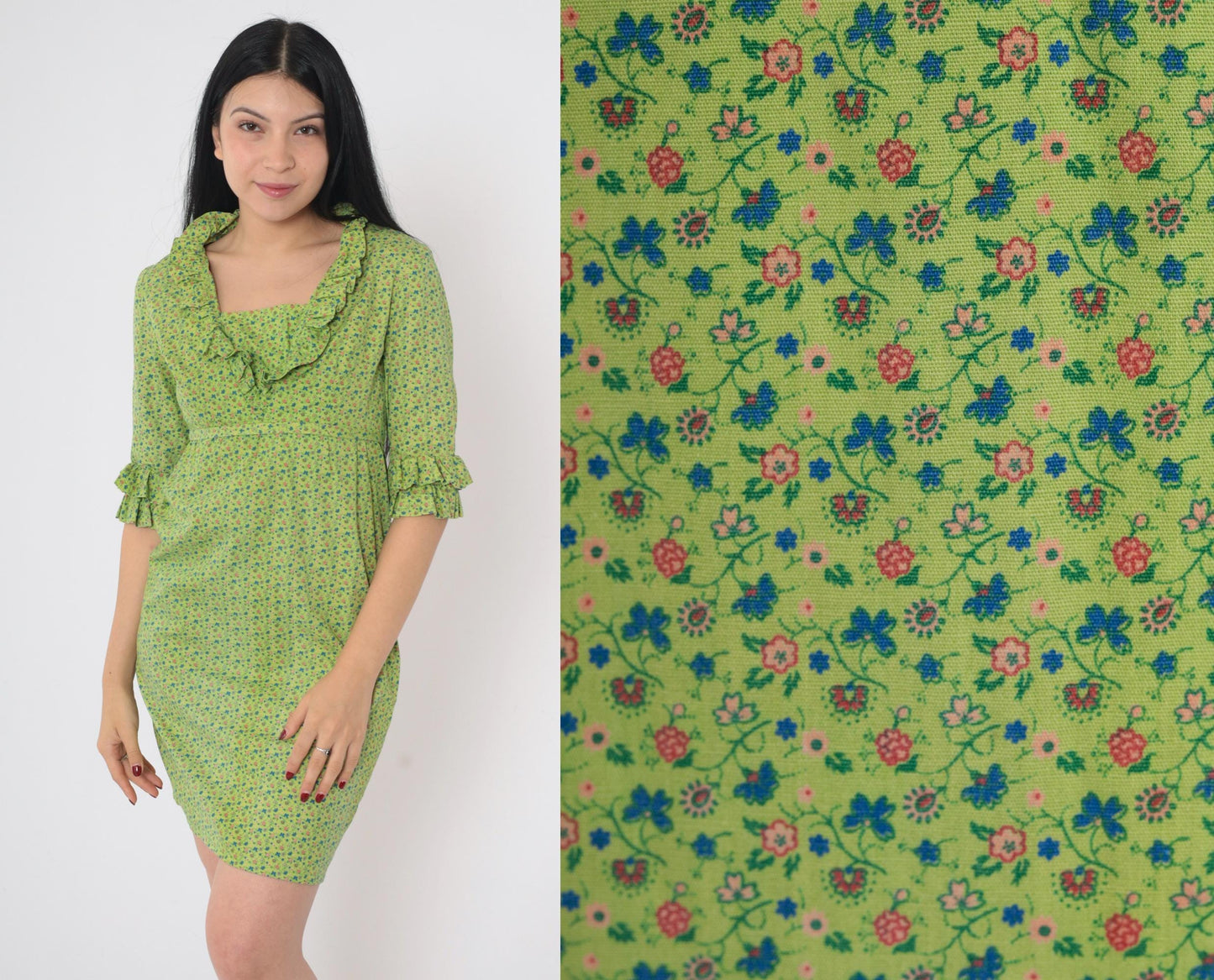 60s Mod Green Floral Calico Mini Shift Dress Empire Waist Ruffle Neckline Extra Small